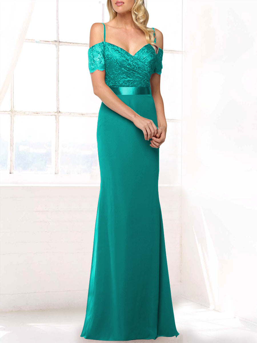 Lace Mermaid Off the Shoulder Sleeveless Bridesmaid Dress-MB53406