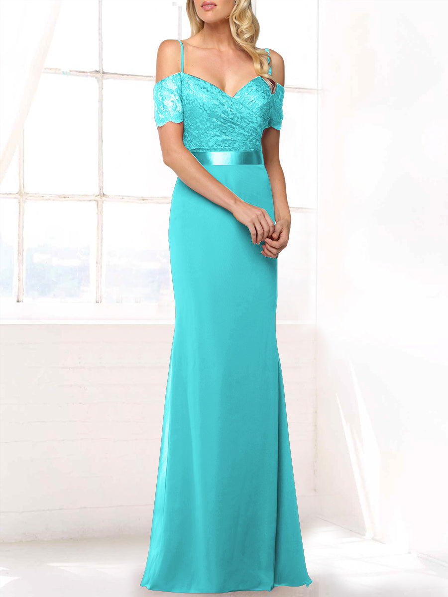 Lace Mermaid Off the Shoulder Sleeveless Bridesmaid Dress-MB53406