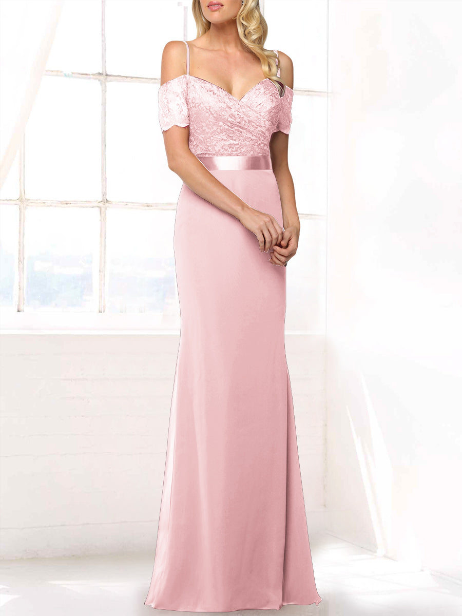 Lace Mermaid Off the Shoulder Sleeveless Bridesmaid Dress-MB53406