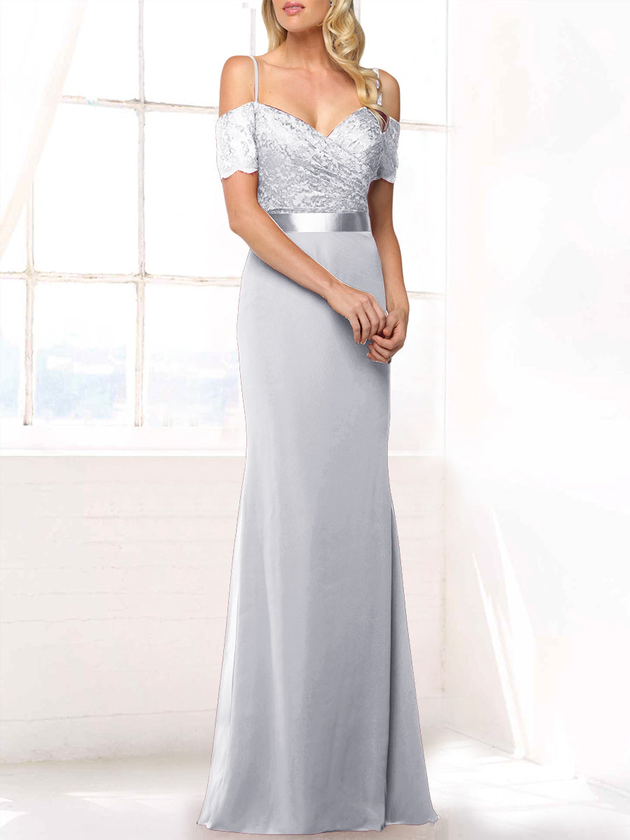 Lace Mermaid Off the Shoulder Sleeveless Bridesmaid Dress-MB53406