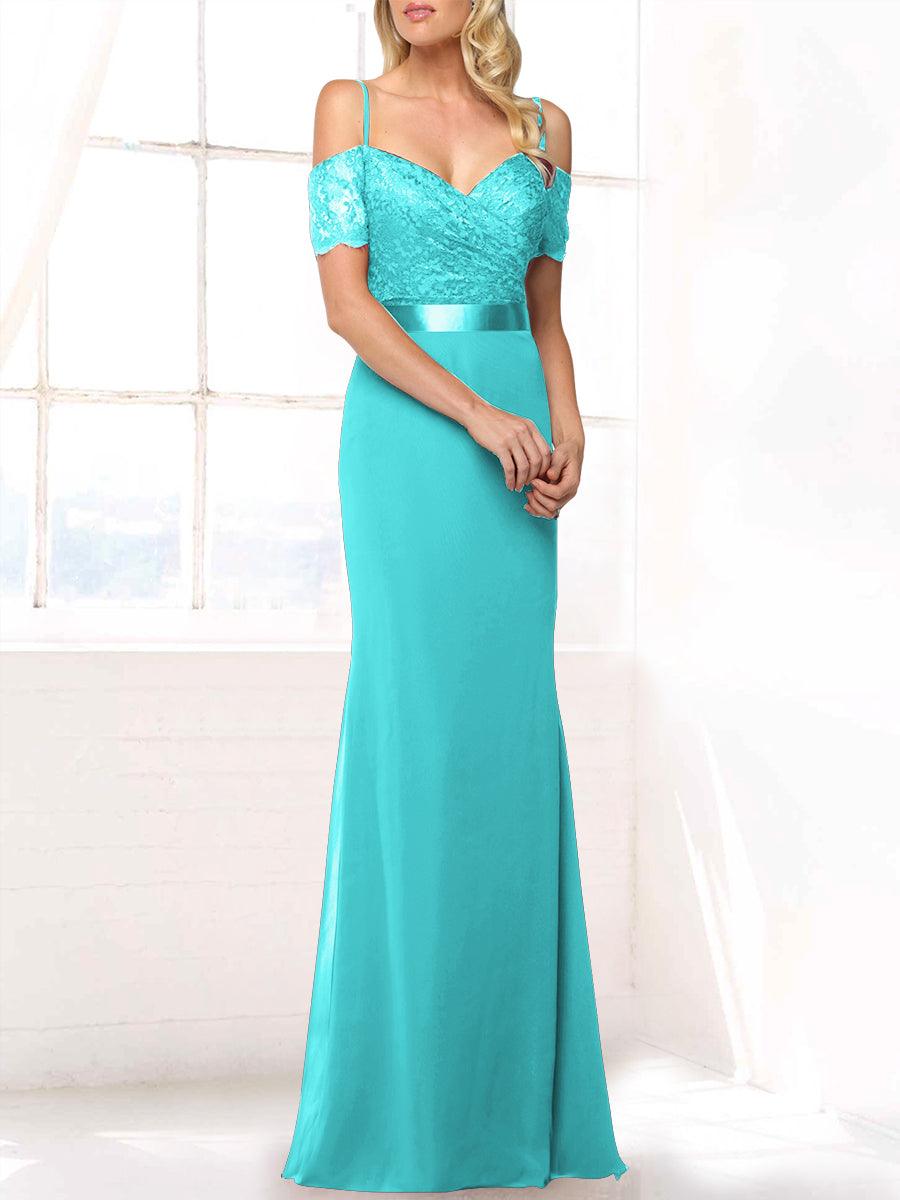 Lace Mermaid Off the Shoulder Sleeveless Bridesmaid Dress-MB53406