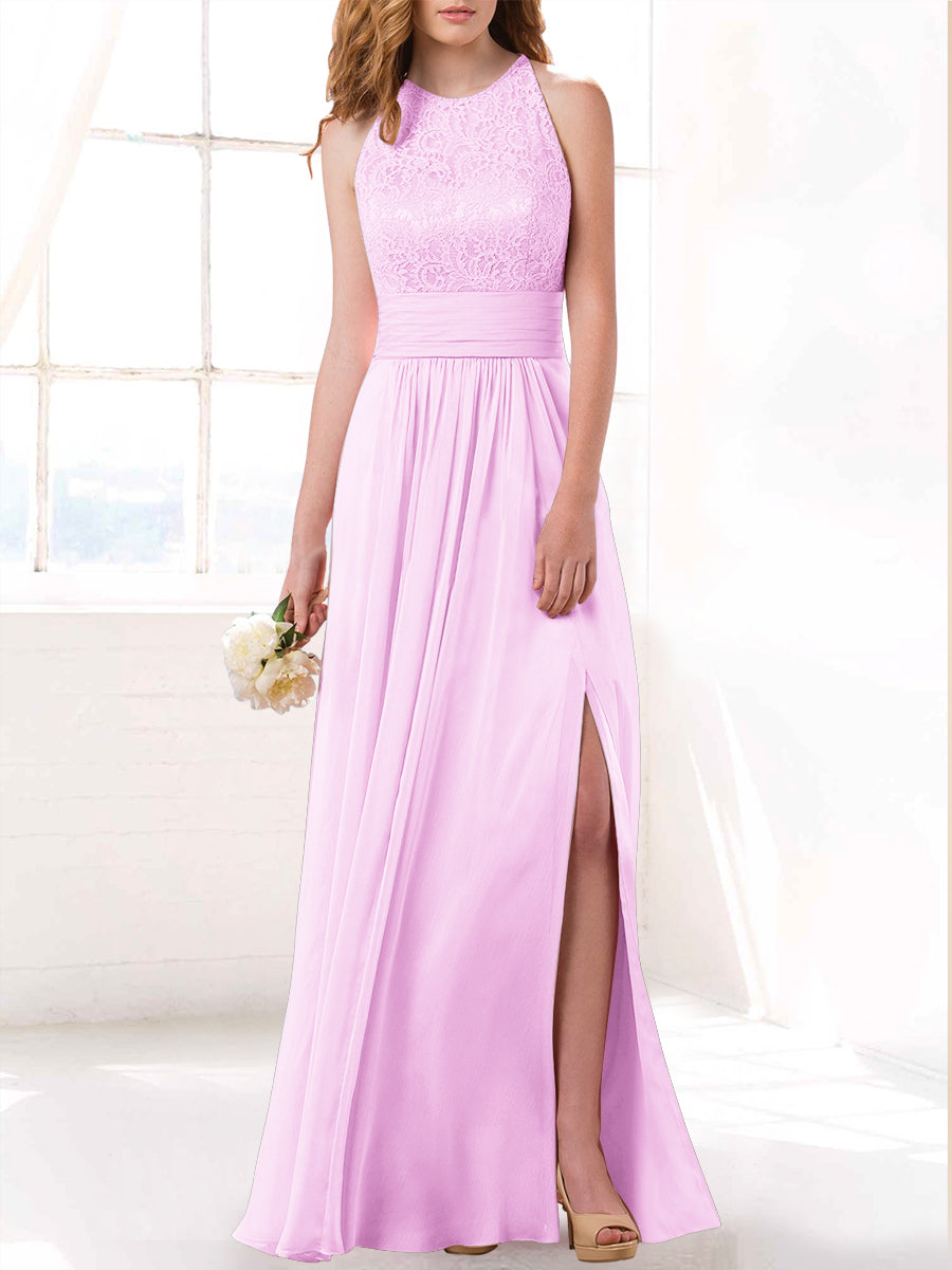 Lace Column Scoop Neck Sleeveless Bridesmaid Dress-MB53415