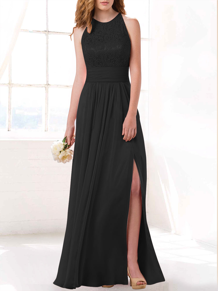 Lace Column Scoop Neck Sleeveless Bridesmaid Dress-MB53415