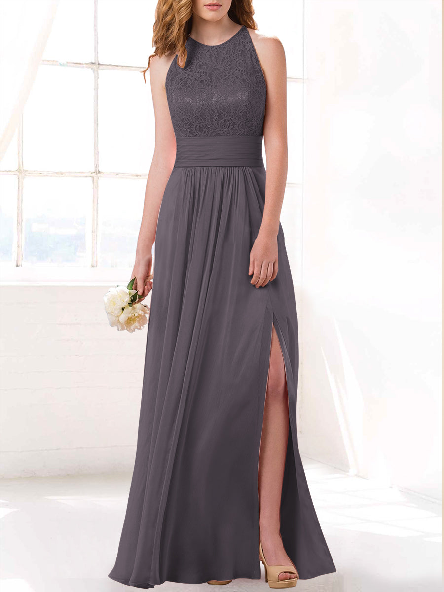 Lace Column Scoop Neck Sleeveless Bridesmaid Dress-MB53415