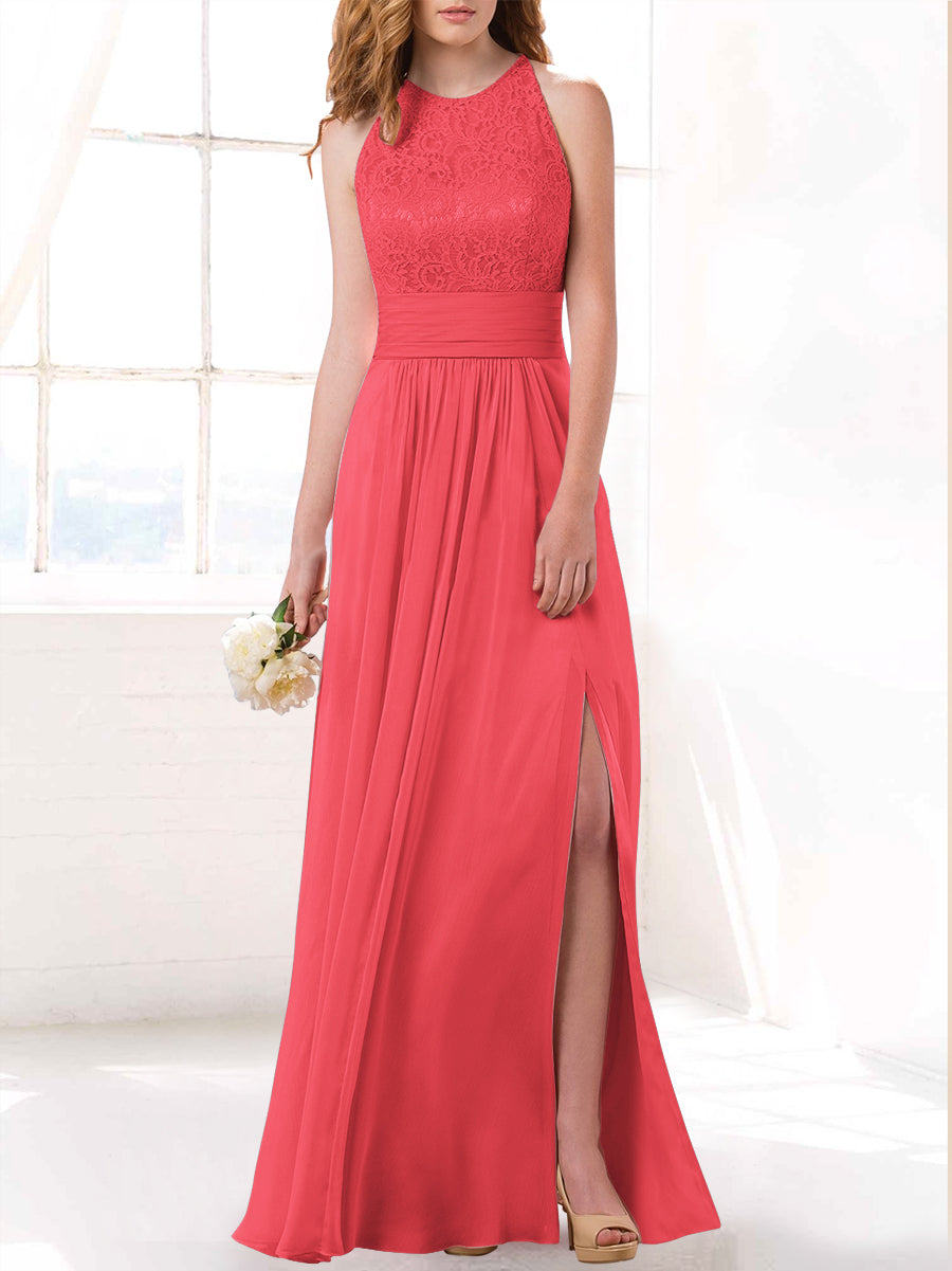 Lace Column Scoop Neck Sleeveless Bridesmaid Dress-MB53415