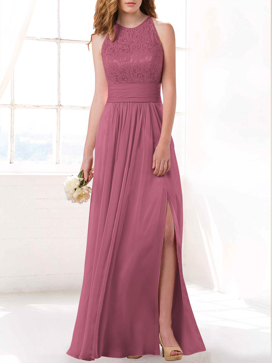 Lace Column Scoop Neck Sleeveless Bridesmaid Dress-MB53415