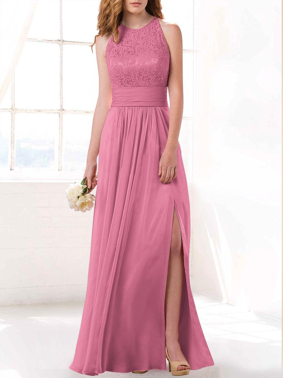 Lace Column Scoop Neck Sleeveless Bridesmaid Dress-MB53415