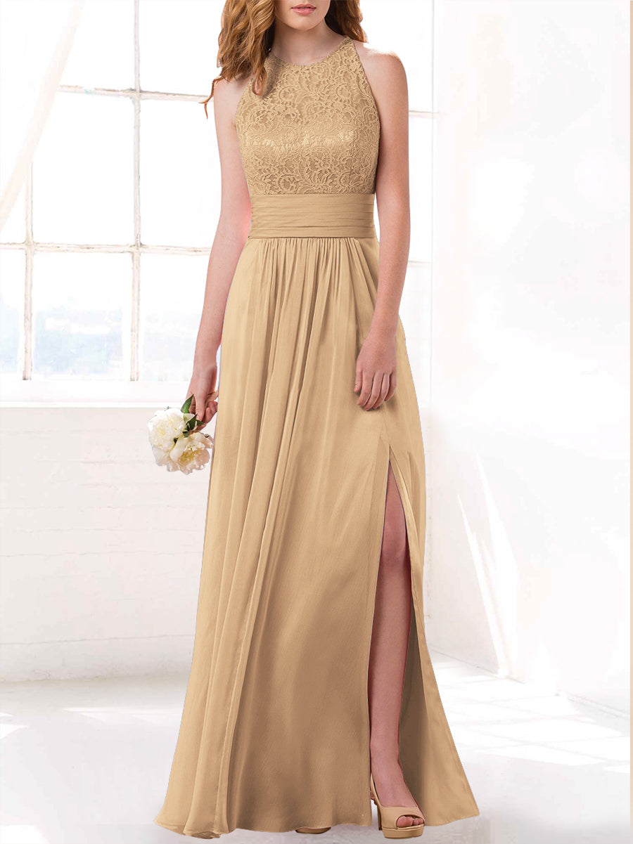 Lace Column Scoop Neck Sleeveless Bridesmaid Dress-MB53415