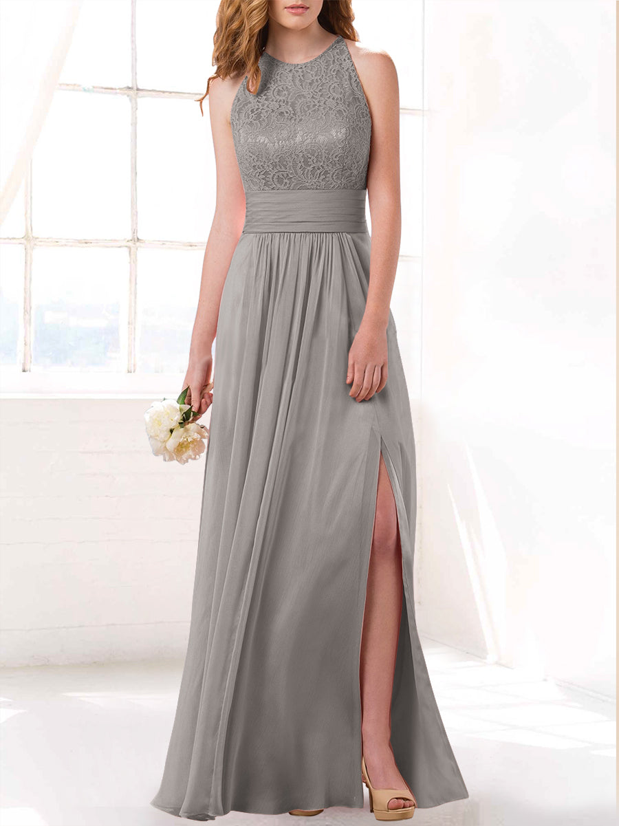 Lace Column Scoop Neck Sleeveless Bridesmaid Dress-MB53415