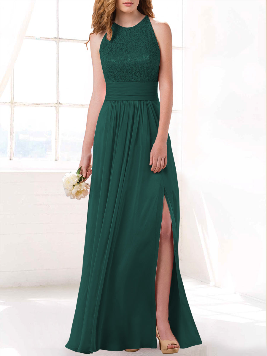 Lace Column Scoop Neck Sleeveless Bridesmaid Dress-MB53415