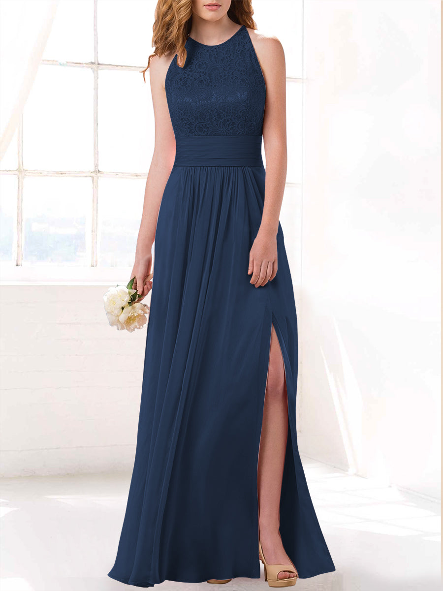 Lace Column Scoop Neck Sleeveless Bridesmaid Dress-MB53415