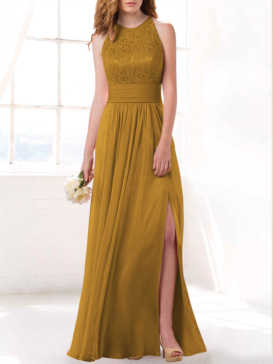 Lace Column Scoop Neck Sleeveless Bridesmaid Dress-MB53415