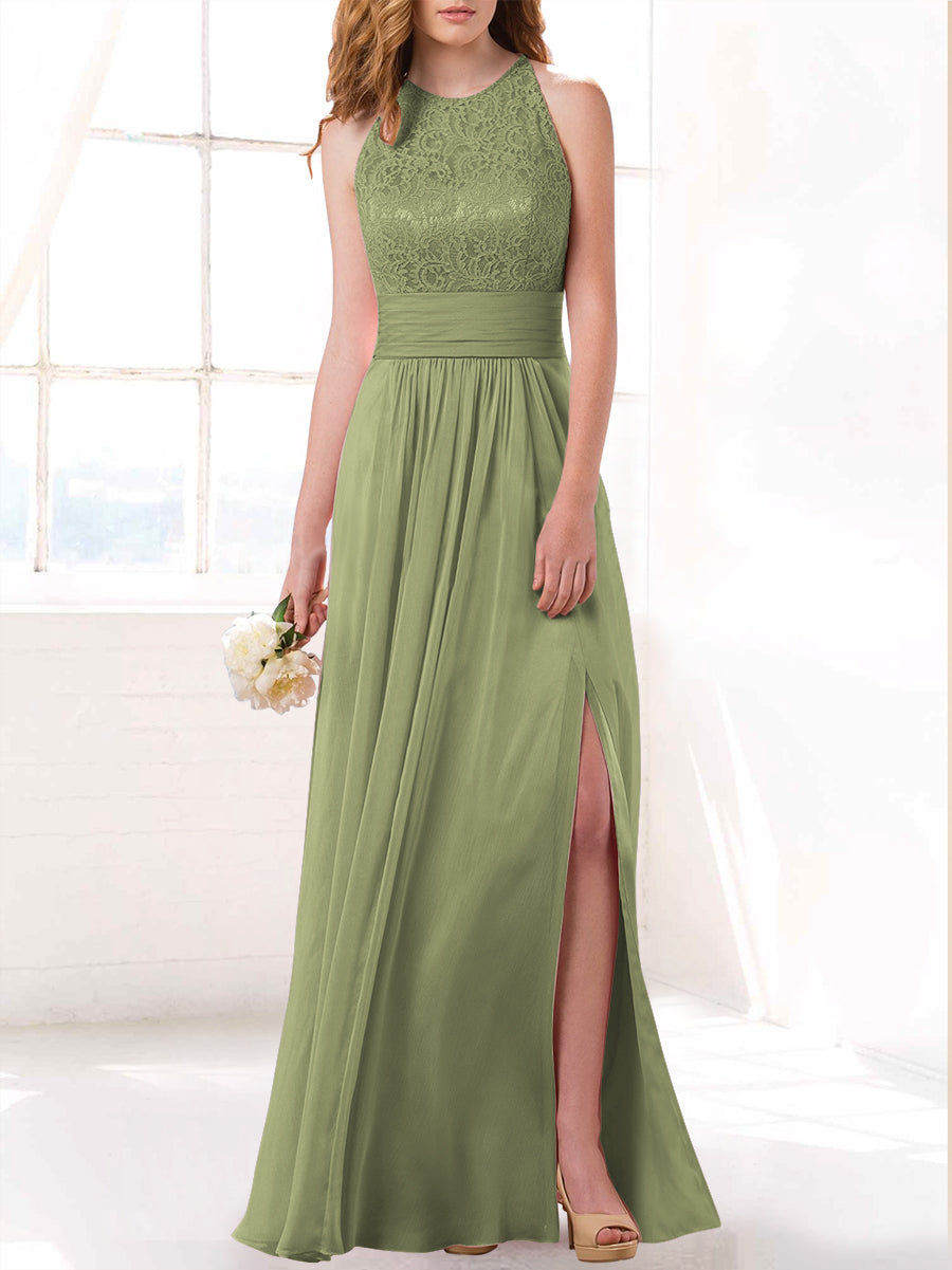 Lace Column Scoop Neck Sleeveless Bridesmaid Dress-MB53415