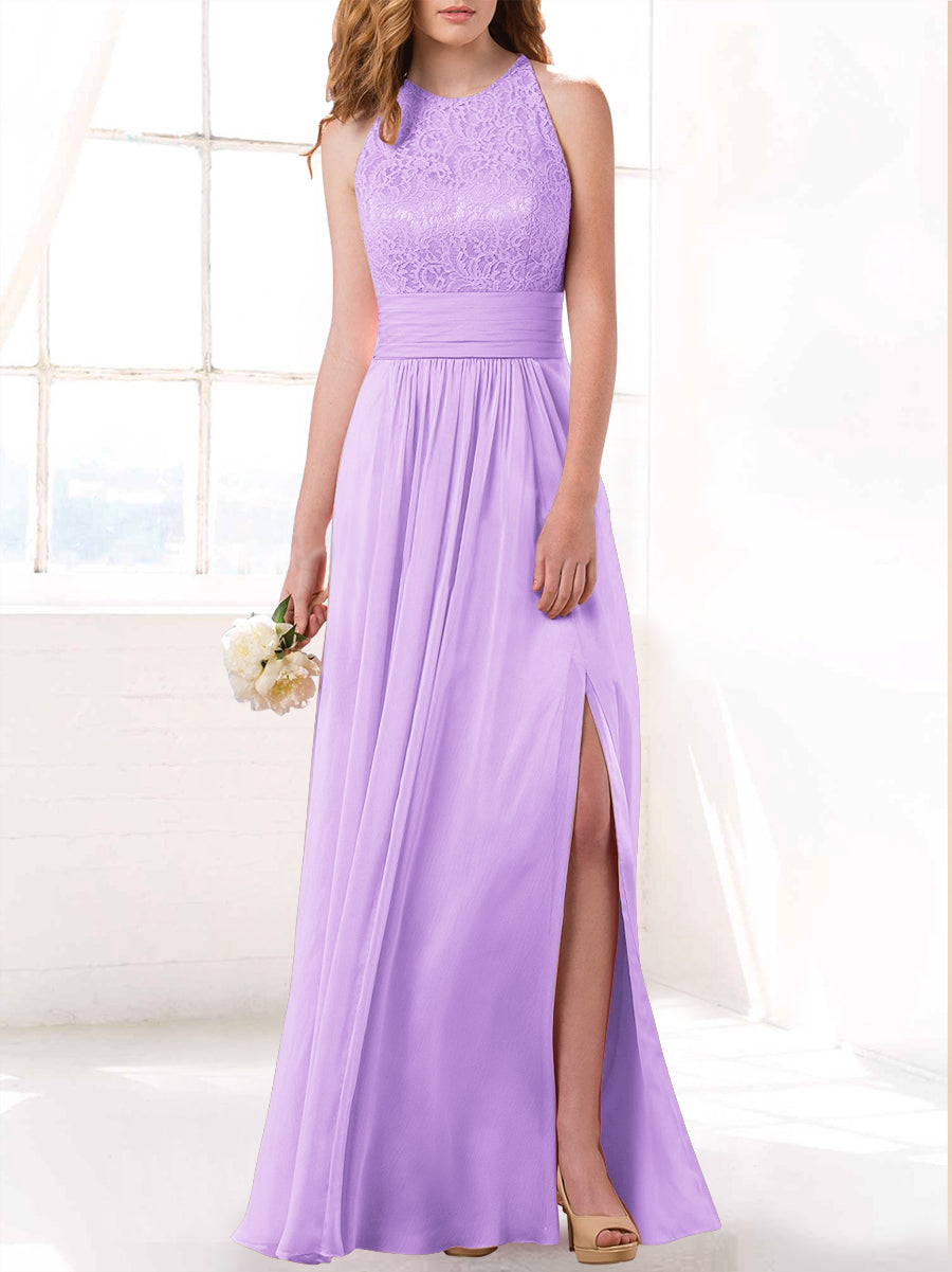 Lace Column Scoop Neck Sleeveless Bridesmaid Dress-MB53415