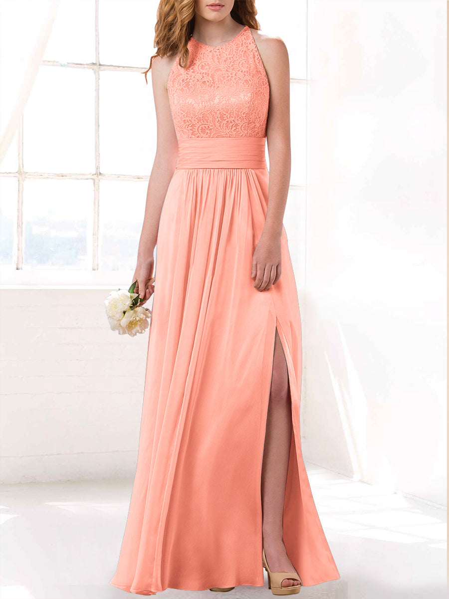 Lace Column Scoop Neck Sleeveless Bridesmaid Dress-MB53415