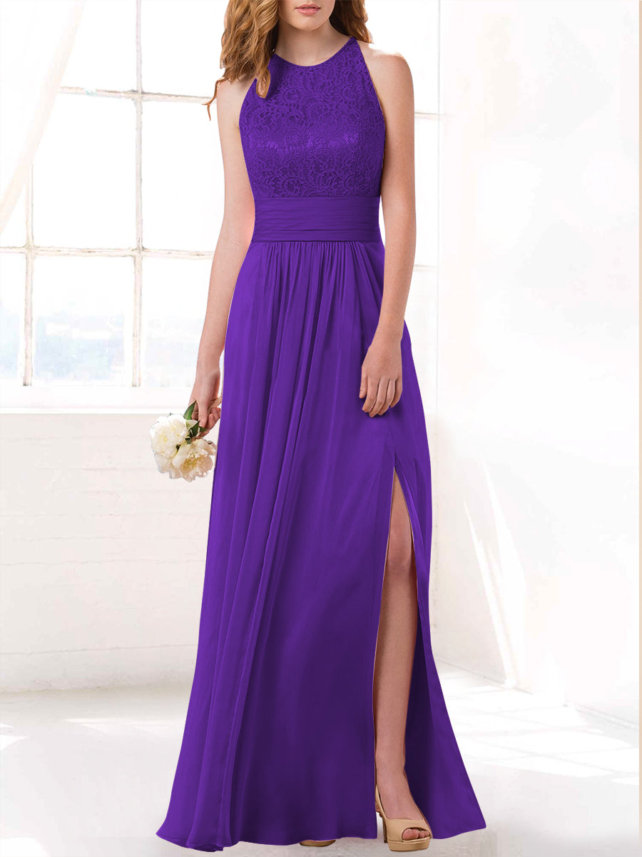 Lace Column Scoop Neck Sleeveless Bridesmaid Dress-MB53415