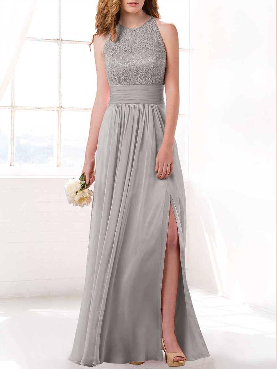 Lace Column Scoop Neck Sleeveless Bridesmaid Dress-MB53415