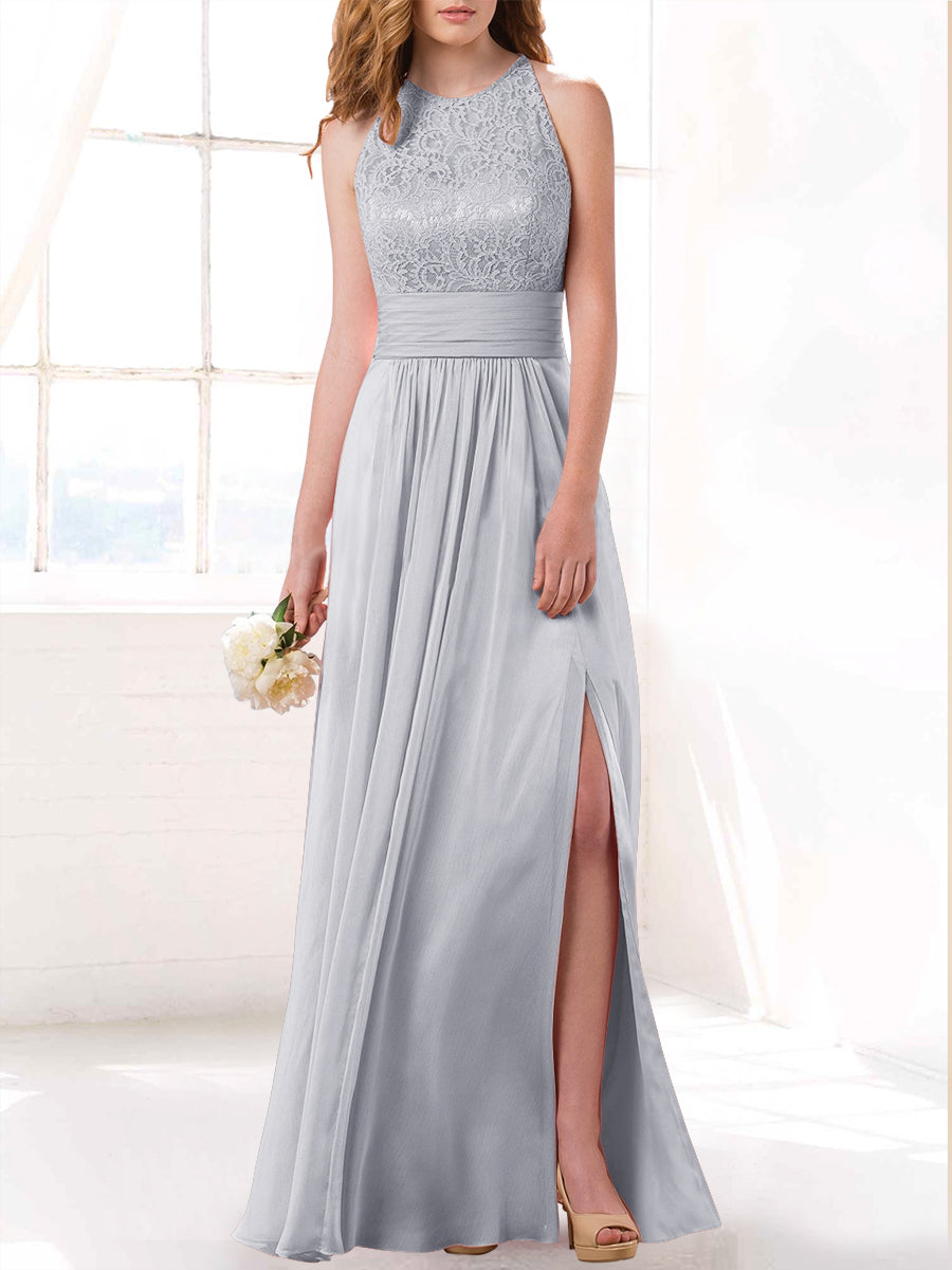 Lace Column Scoop Neck Sleeveless Bridesmaid Dress-MB53415