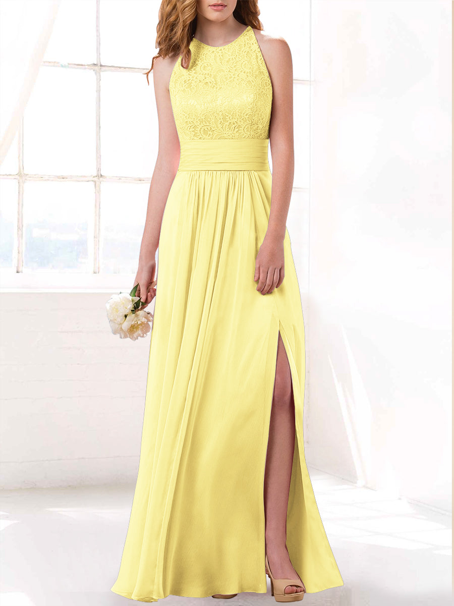 Lace Column Scoop Neck Sleeveless Bridesmaid Dress-MB53415