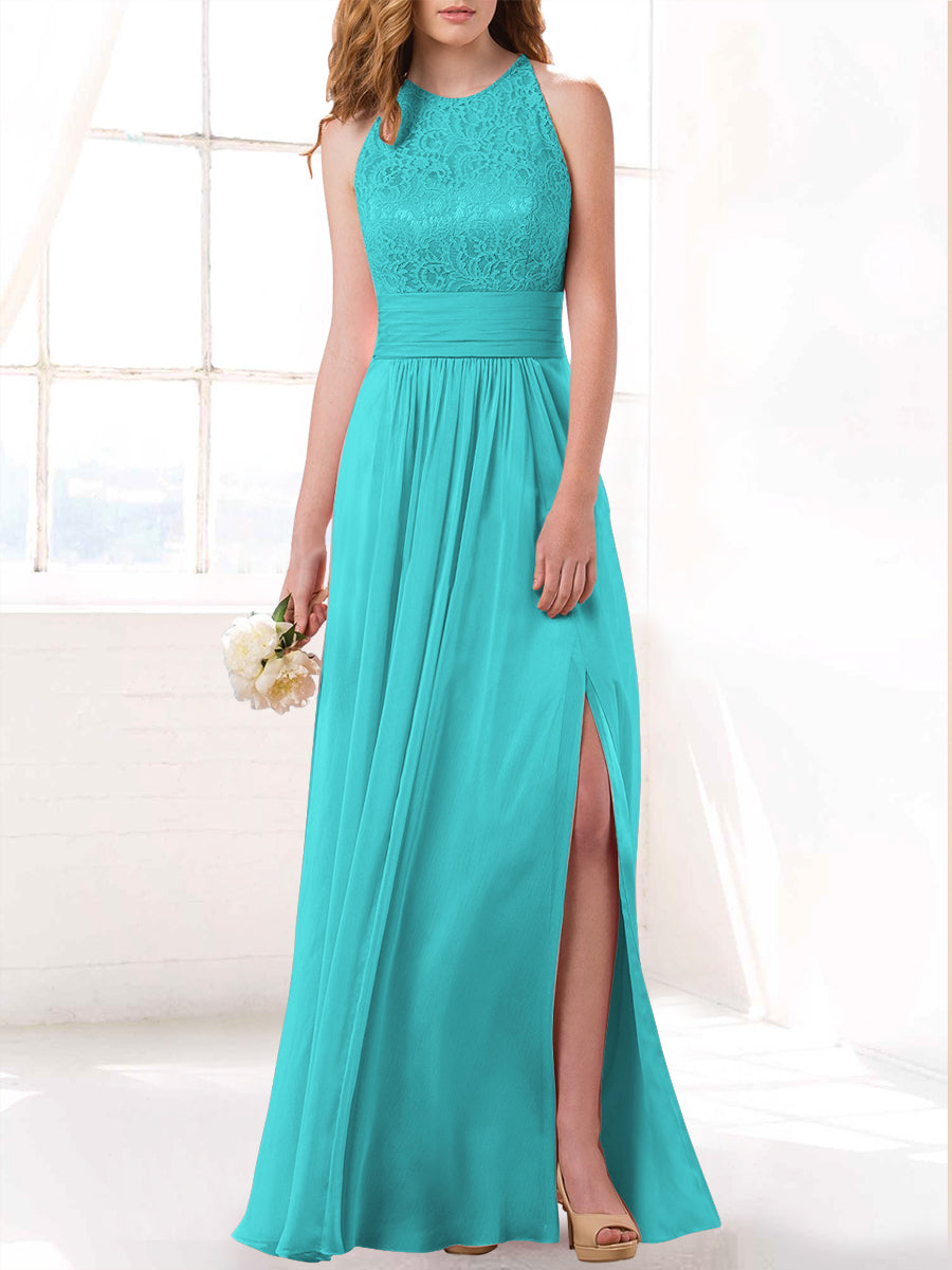 Lace Column Scoop Neck Sleeveless Bridesmaid Dress-MB53415