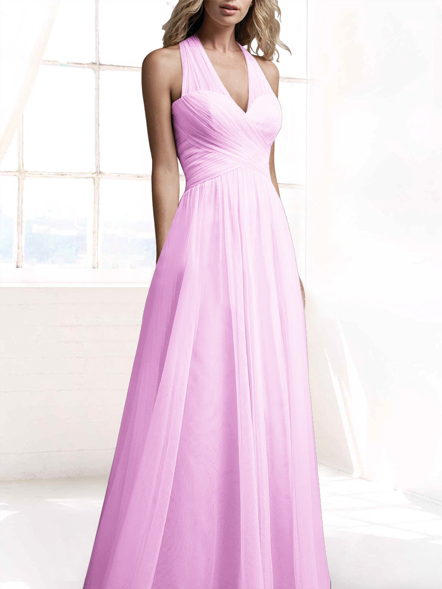 Tulle A-Line V-Neck Sleeveless Bridesmaid Dress-MB53416