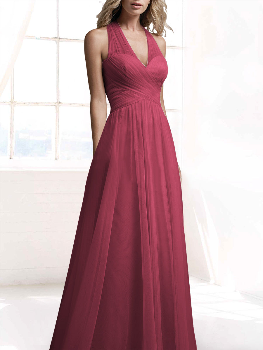 Tulle A-Line V-Neck Sleeveless Bridesmaid Dress-MB53416