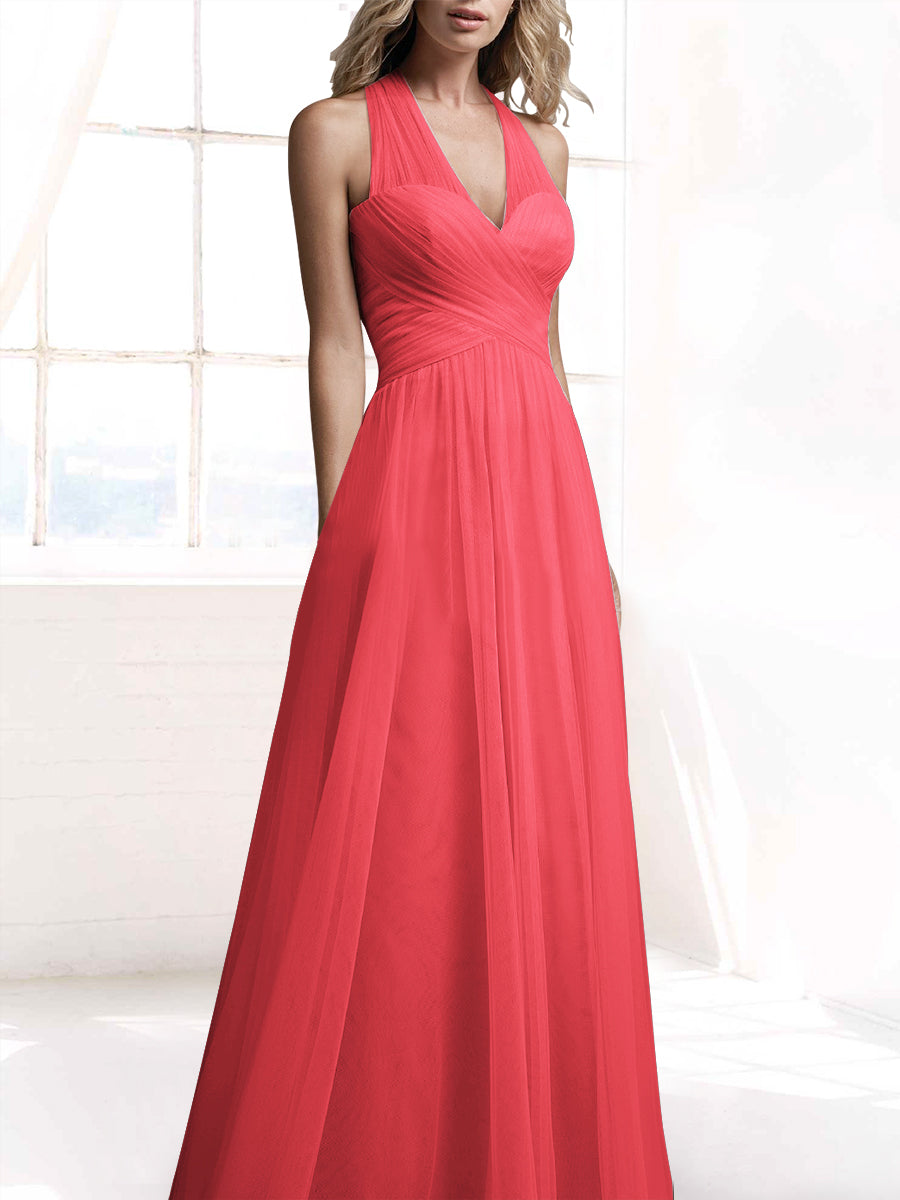 Tulle A-Line V-Neck Sleeveless Bridesmaid Dress-MB53416