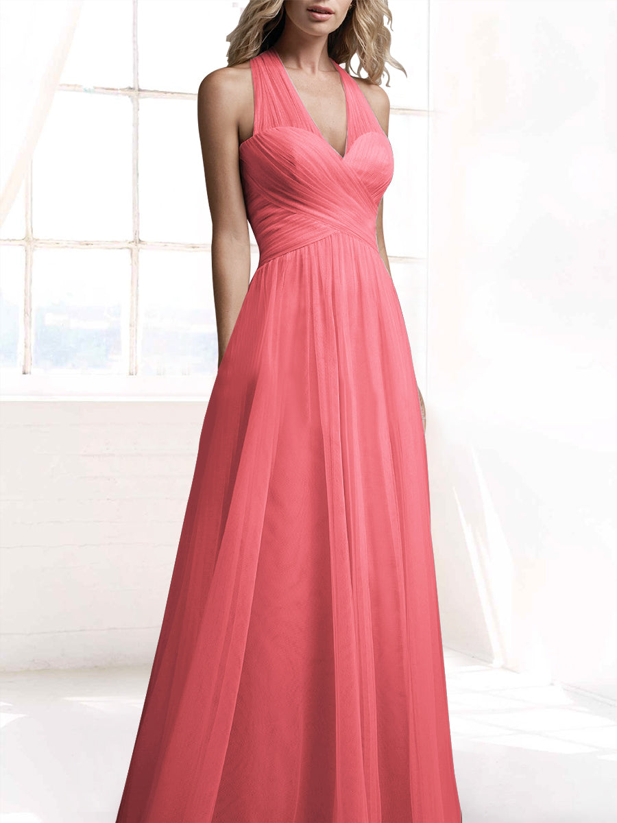 Tulle A-Line V-Neck Sleeveless Bridesmaid Dress-MB53416