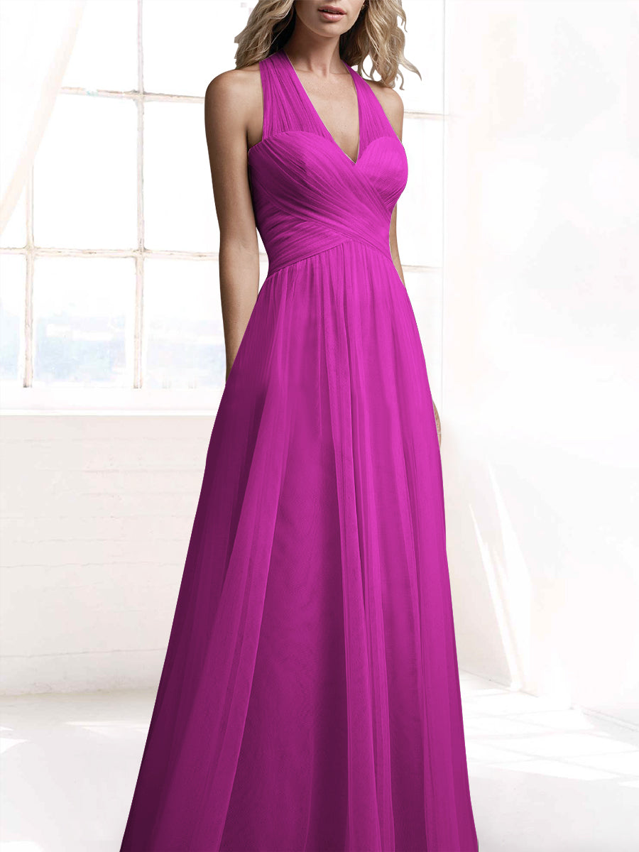 Tulle A-Line V-Neck Sleeveless Bridesmaid Dress-MB53416