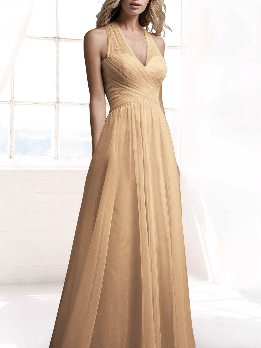 Tulle A-Line V-Neck Sleeveless Bridesmaid Dress-MB53416