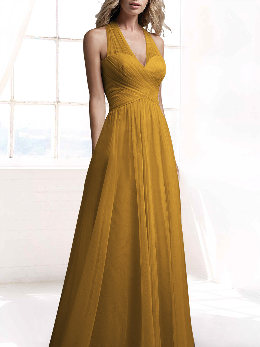 Tulle A-Line V-Neck Sleeveless Bridesmaid Dress-MB53416