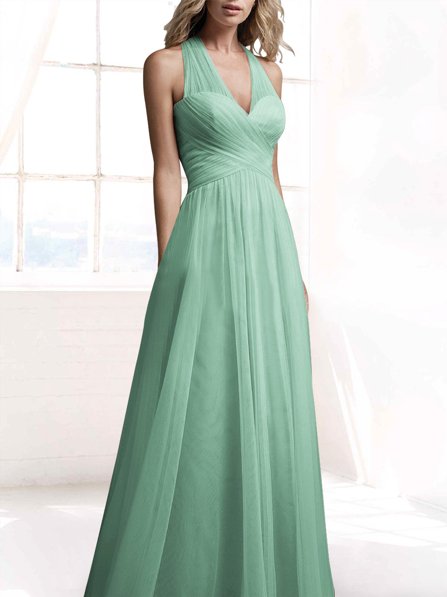 Tulle A-Line V-Neck Sleeveless Bridesmaid Dress-MB53416