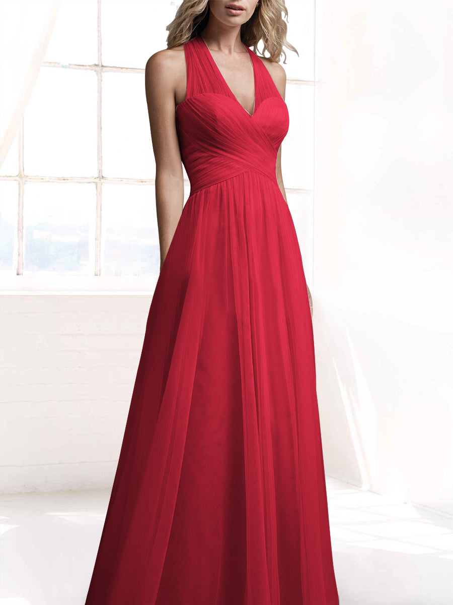 Tulle A-Line V-Neck Sleeveless Bridesmaid Dress-MB53416