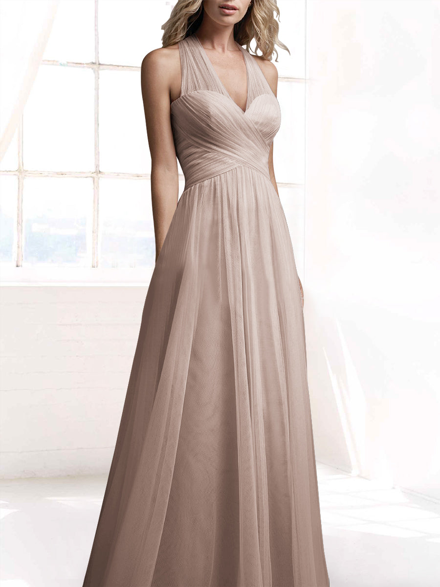 Tulle A-Line V-Neck Sleeveless Bridesmaid Dress-MB53416