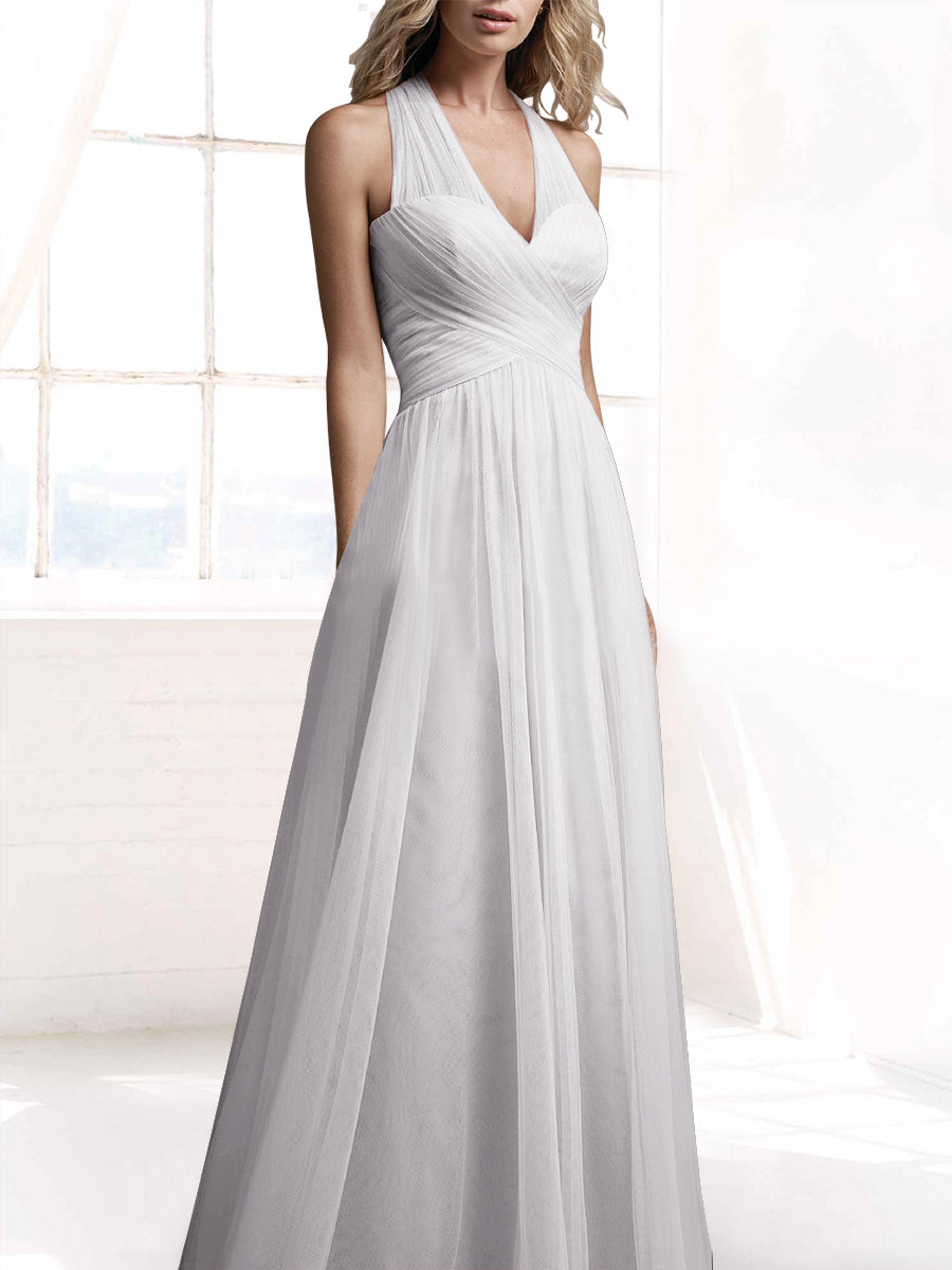 Tulle A-Line V-Neck Sleeveless Bridesmaid Dress-MB53416