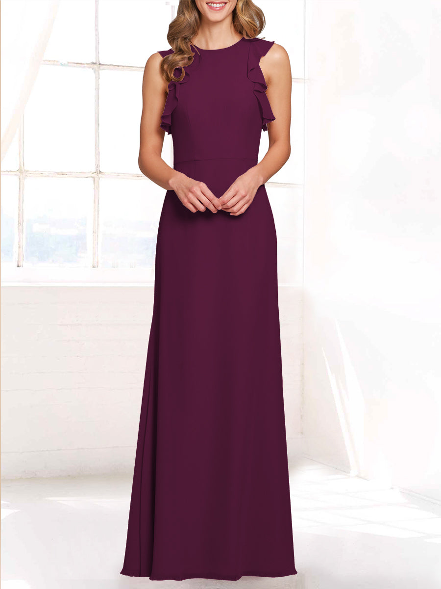 Chiffon Column Boat Neck Sleeveless Bridesmaid Dress-MB53421