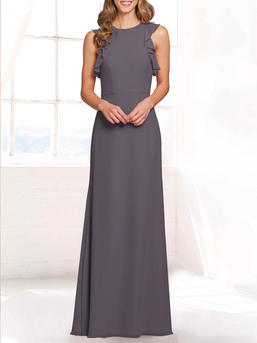 Chiffon Column Boat Neck Sleeveless Bridesmaid Dress-MB53421