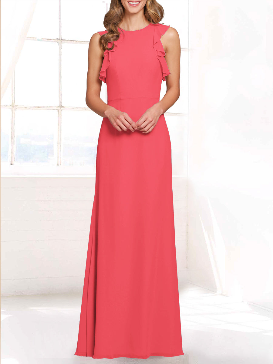 Chiffon Column Boat Neck Sleeveless Bridesmaid Dress-MB53421