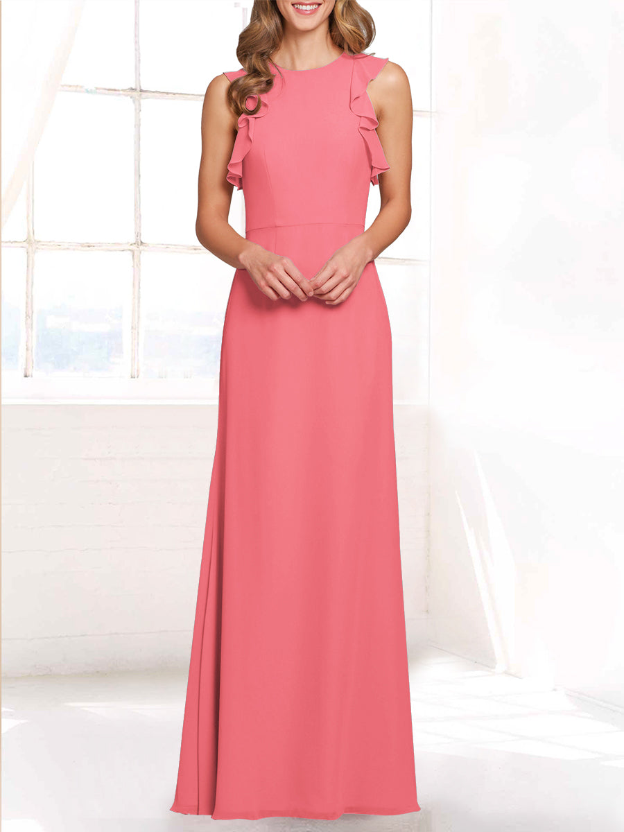 Chiffon Column Boat Neck Sleeveless Bridesmaid Dress-MB53421