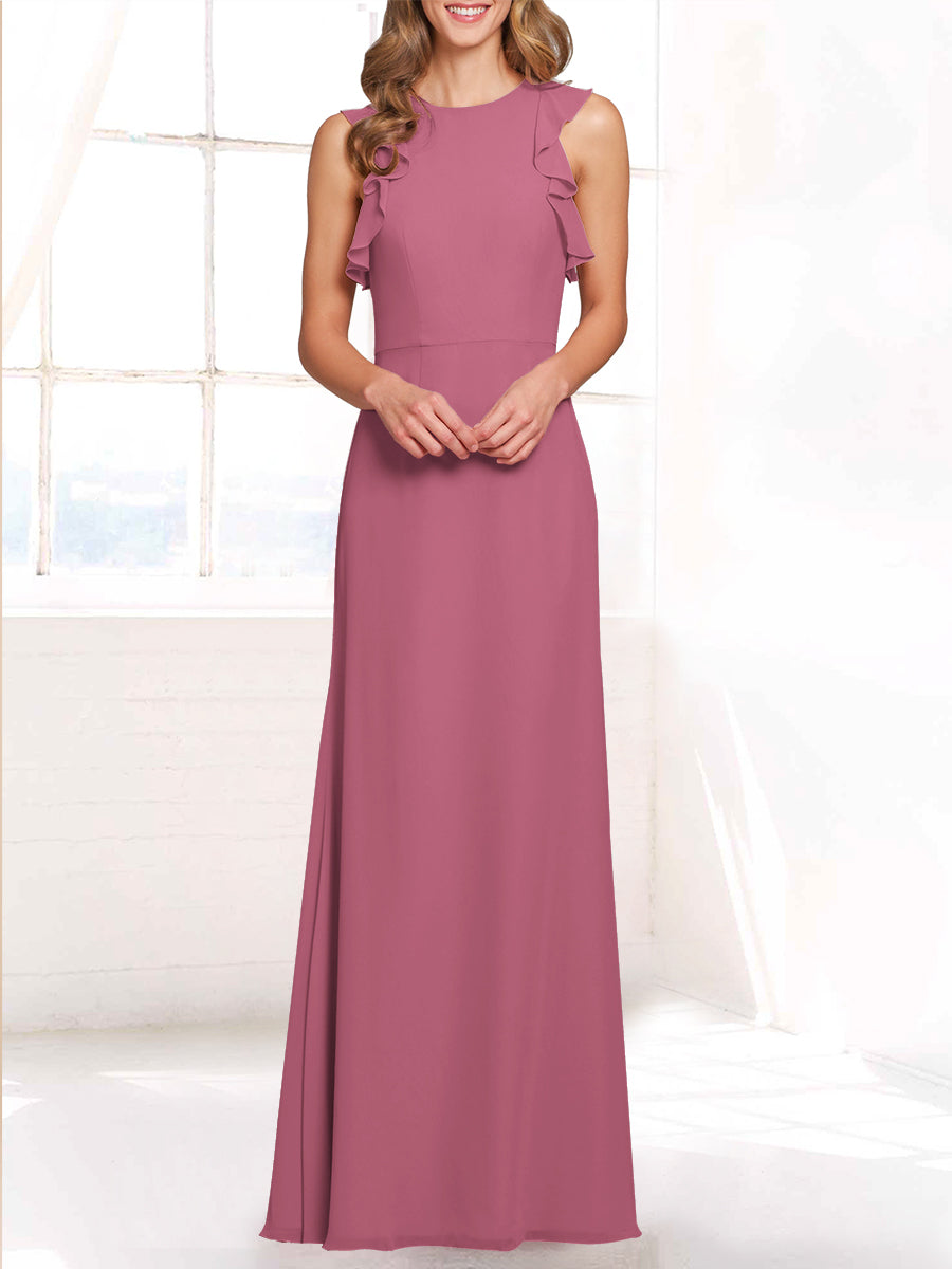 Chiffon Column Boat Neck Sleeveless Bridesmaid Dress-MB53421