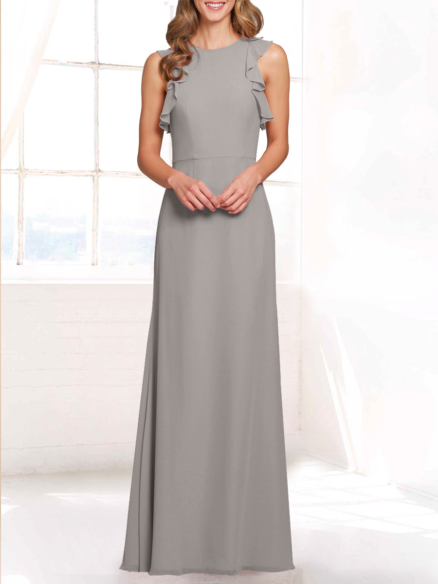 Chiffon Column Boat Neck Sleeveless Bridesmaid Dress-MB53421