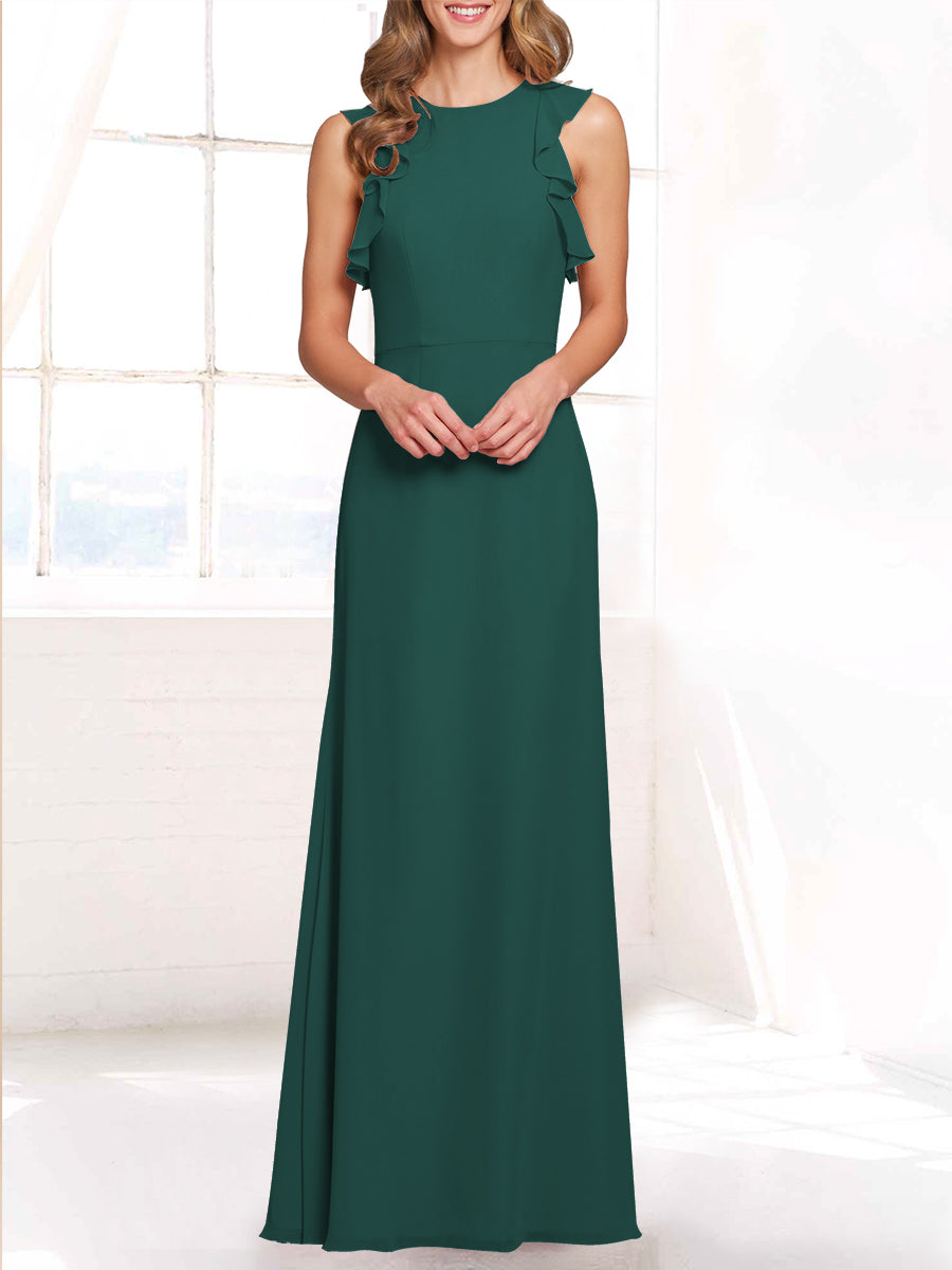 Chiffon Column Boat Neck Sleeveless Bridesmaid Dress-MB53421