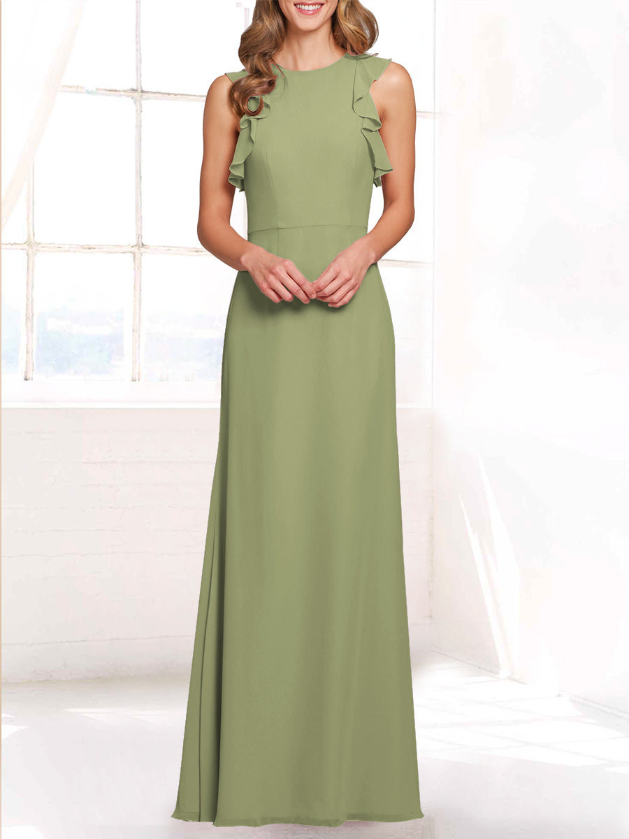 Chiffon Column Boat Neck Sleeveless Bridesmaid Dress-MB53421