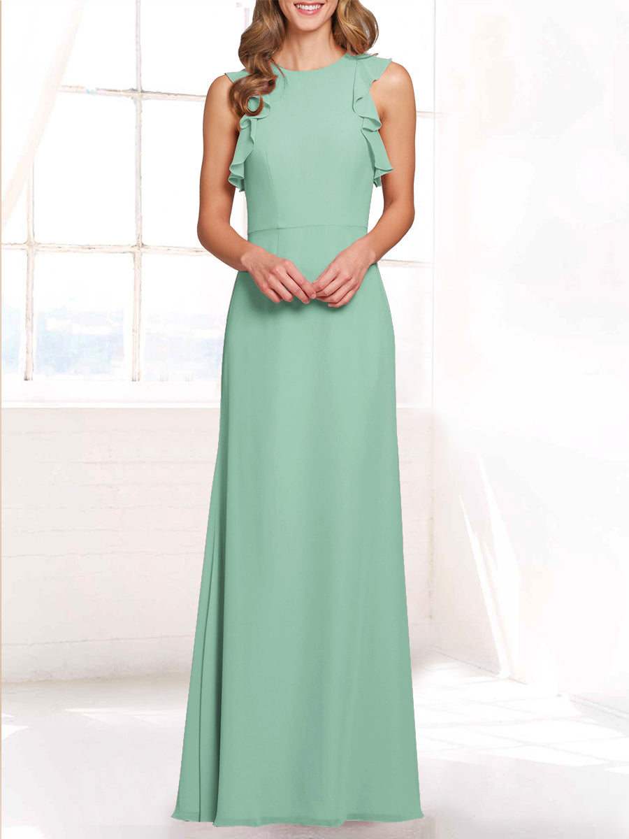 Chiffon Column Boat Neck Sleeveless Bridesmaid Dress-MB53421