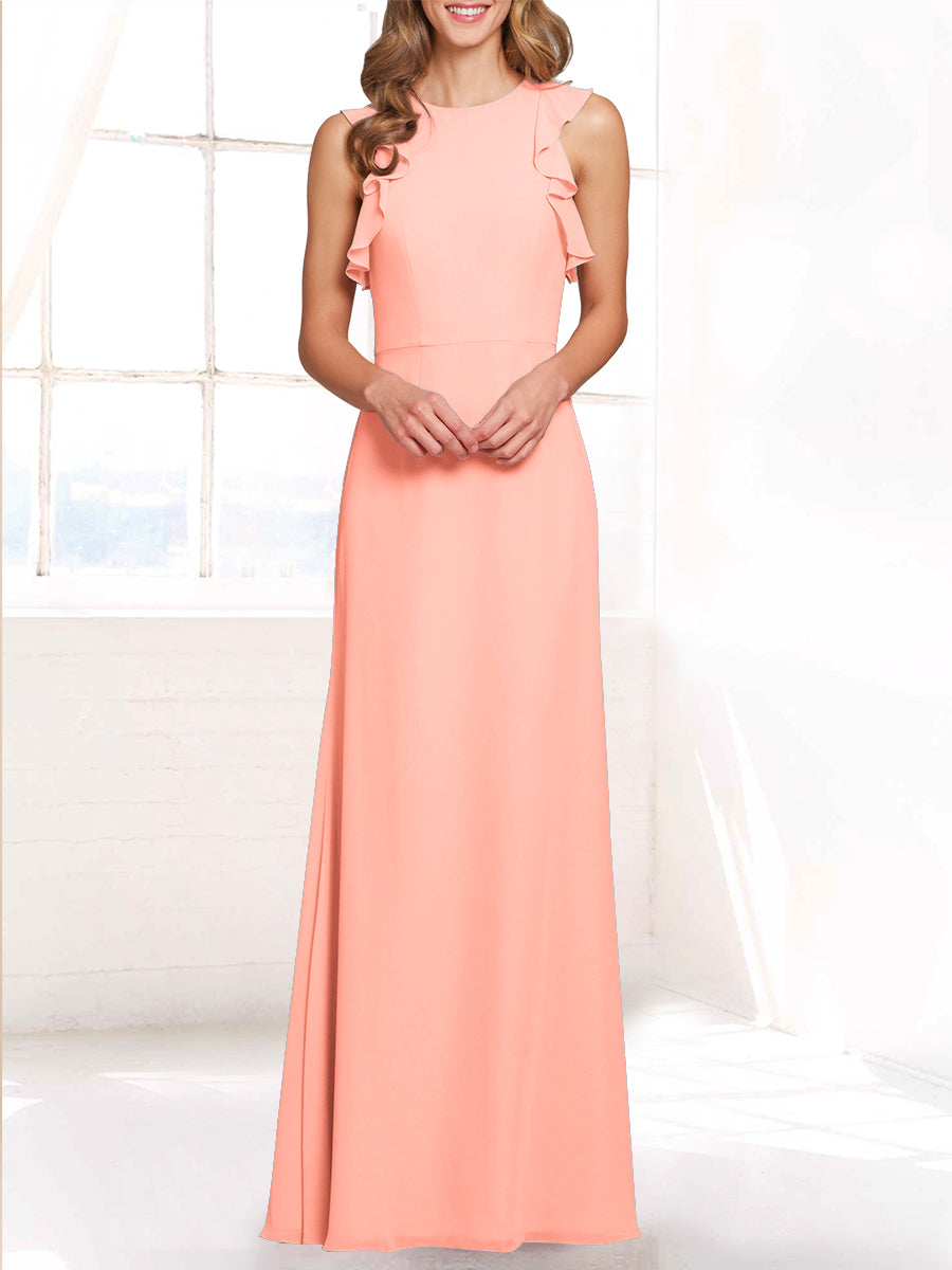 Chiffon Column Boat Neck Sleeveless Bridesmaid Dress-MB53421