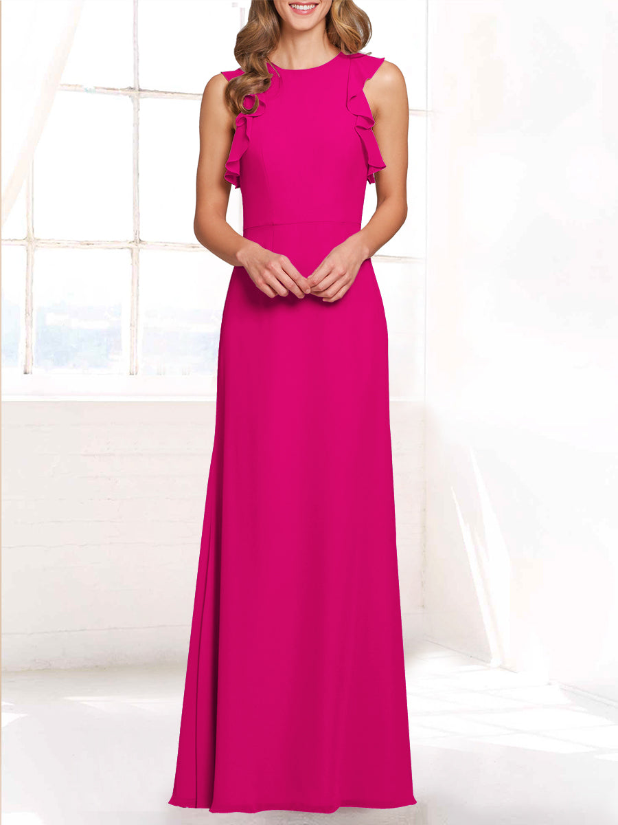 Chiffon Column Boat Neck Sleeveless Bridesmaid Dress-MB53421