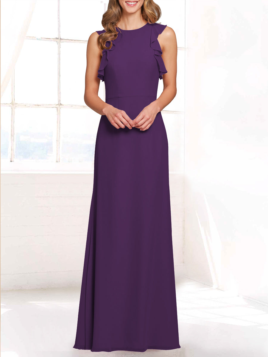 Chiffon Column Boat Neck Sleeveless Bridesmaid Dress-MB53421