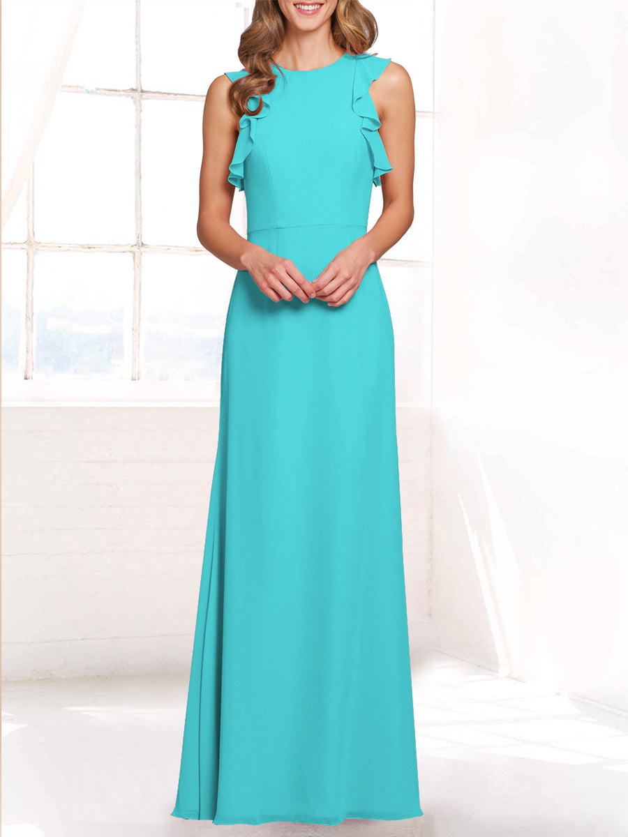 Chiffon Column Boat Neck Sleeveless Bridesmaid Dress-MB53421