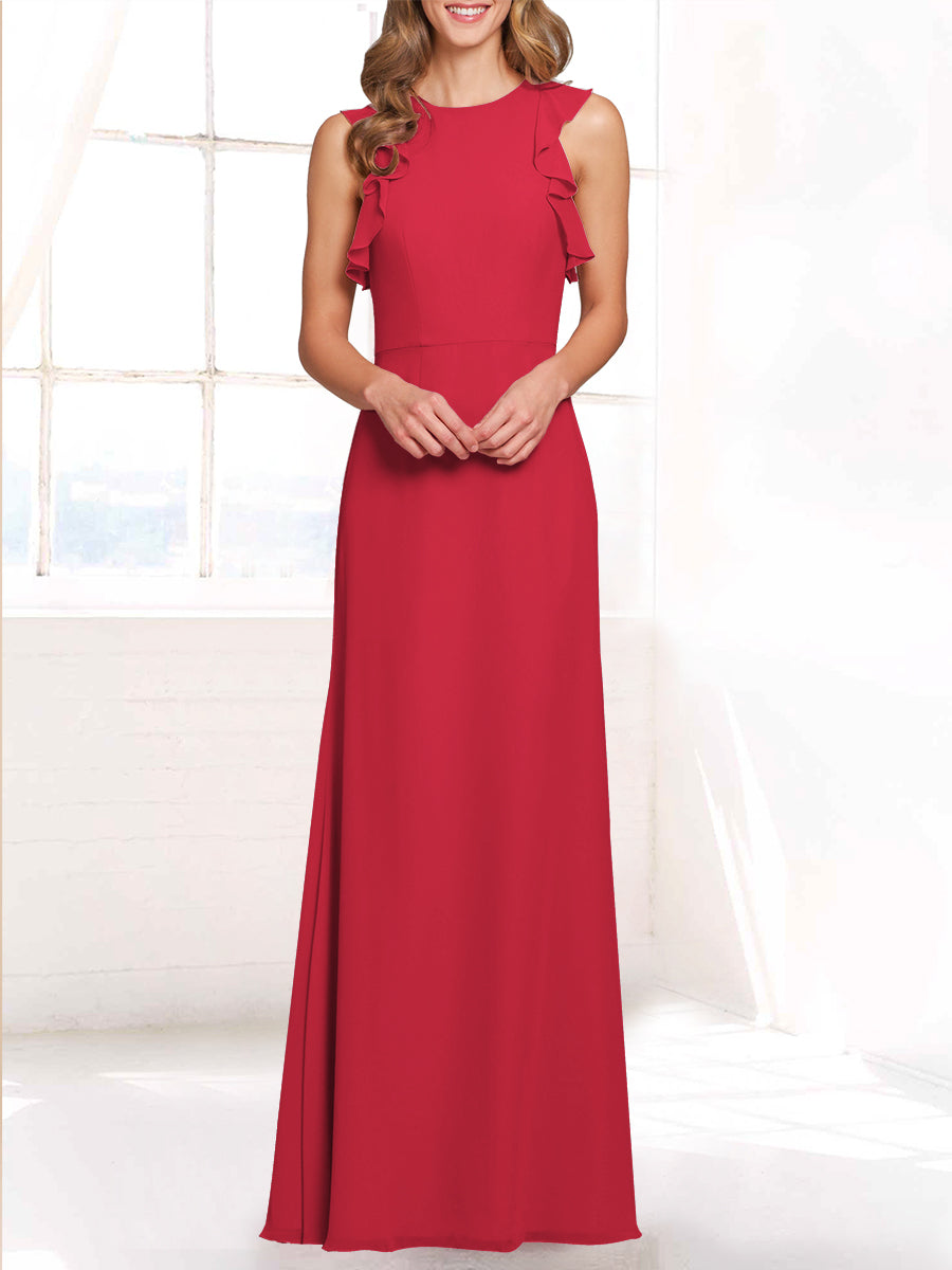 Chiffon Column Boat Neck Sleeveless Bridesmaid Dress-MB53421