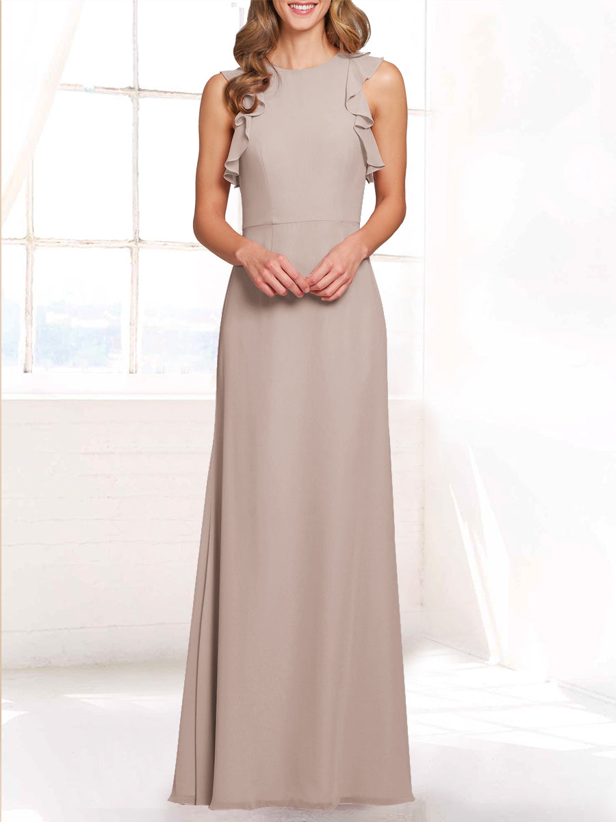 Chiffon Column Boat Neck Sleeveless Bridesmaid Dress-MB53421